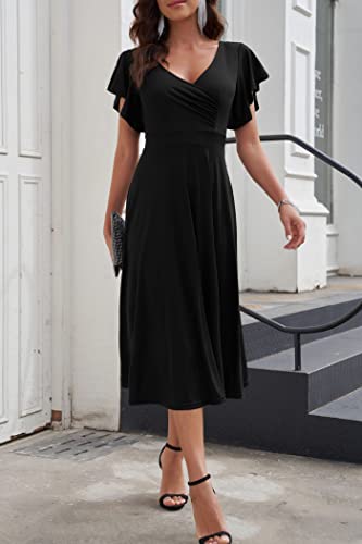 PRETTYGARDEN Women's Summer Midi Dress Ruffle Cap Sleeve V Neck Swing A Line Cocktail Party Dresses (Black,Medium)