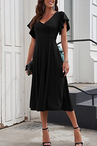 PRETTYGARDEN Women's Summer Midi Dress Ruffle Cap Sleeve V Neck Swing A Line Cocktail Party Dresses (Black,Medium)