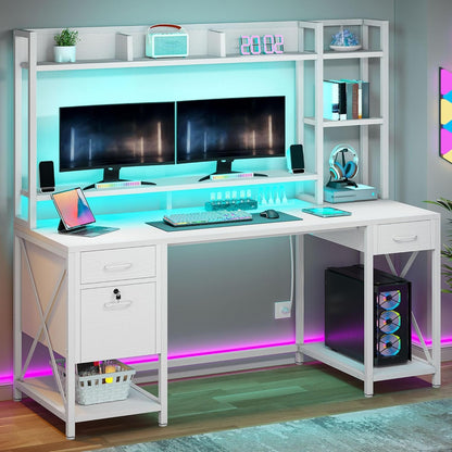 White Office Desk With Drawers LED Lights And Outlets-2