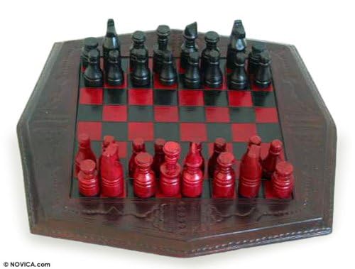 NOVICA Red and Black Wood and Leather Chess Set, African Battle'