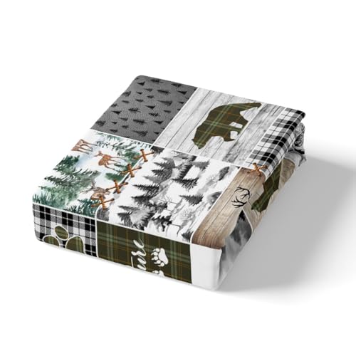 Camping Adventure Kids Fitted Sheet Twin Size,Deer Bear Wolf Wild Animal Hunting Bedding Set,Boys Girls Men Room Decor,Geometric Plaids Pines Bed Cover,Camo Rustic Bed Sheet,1 Pillowcase