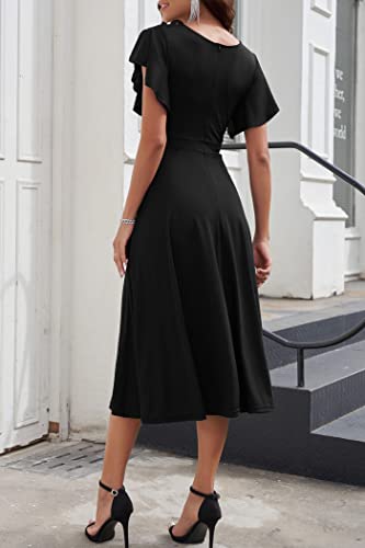 PRETTYGARDEN Women's Summer Midi Dress Ruffle Cap Sleeve V Neck Swing A Line Cocktail Party Dresses (Black,Medium)