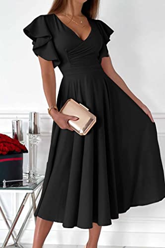 PRETTYGARDEN Women's Summer Midi Dress Ruffle Cap Sleeve V Neck Swing A Line Cocktail Party Dresses (Black,Medium)