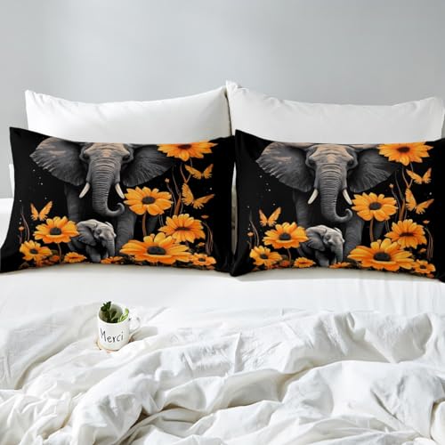 Homewish Elephant Bed Sheet Set King Size,Tropical African Wild Animal Deep Pocket Fitted Sheet,1 Flat,2 Pillowcases,Starry Galaxy Sunflowers Butterfly Bed Mattress Cover, Bedroom Decor