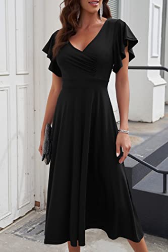 PRETTYGARDEN Women's Summer Midi Dress Ruffle Cap Sleeve V Neck Swing A Line Cocktail Party Dresses (Black,Medium)