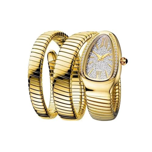 KLSKLYL Iced Out Snake Bracelet Fashion Women's Watch Gold Steel Wrapped Strap Quartz Watches Women Casual Ladies Wristwatch (Gold)