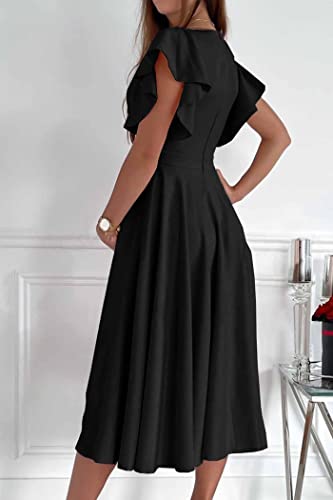PRETTYGARDEN Women's Summer Midi Dress Ruffle Cap Sleeve V Neck Swing A Line Cocktail Party Dresses (Black,Medium)