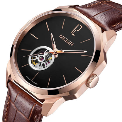 MEGIR Retro Men's Wristwatch Luxury Automatic Mechanical Watches Leather Strap Sapphire 5ATM Waterproof Watch Relogio Masculino-4