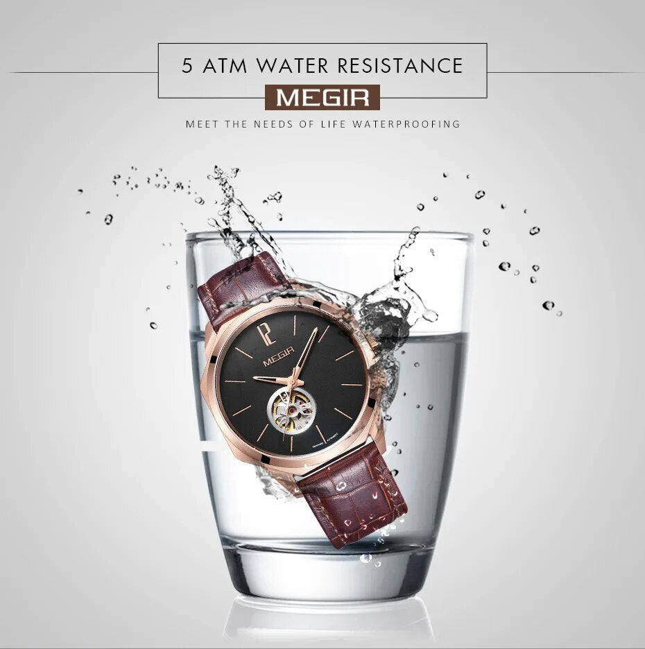 MEGIR Retro Men's Wristwatch Luxury Automatic Mechanical Watches Leather Strap Sapphire 5ATM Waterproof Watch Relogio Masculino-7