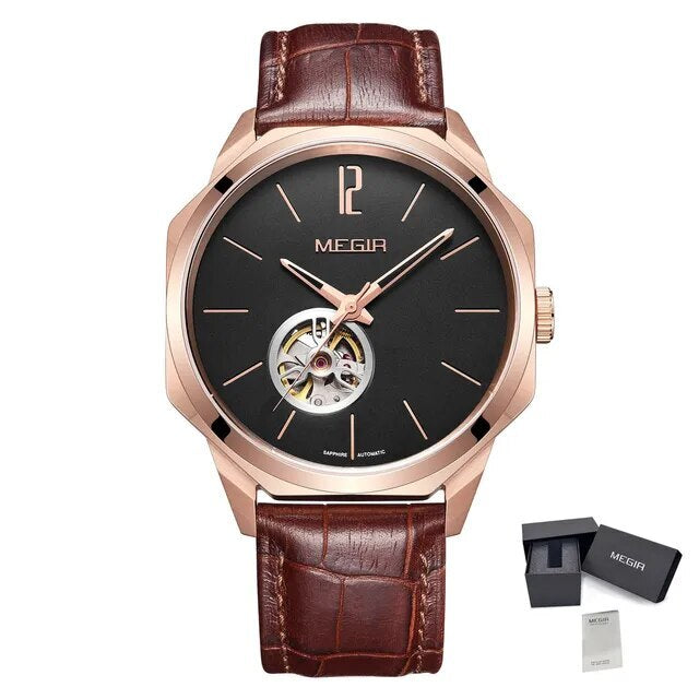 MEGIR Retro Men's Wristwatch Luxury Automatic Mechanical Watches Leather Strap Sapphire 5ATM Waterproof Watch Relogio Masculino-10