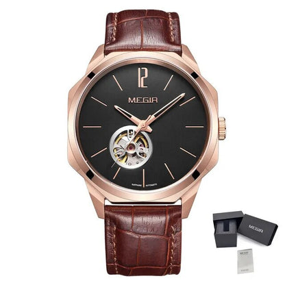 MEGIR Retro Men's Wristwatch Luxury Automatic Mechanical Watches Leather Strap Sapphire 5ATM Waterproof Watch Relogio Masculino-10