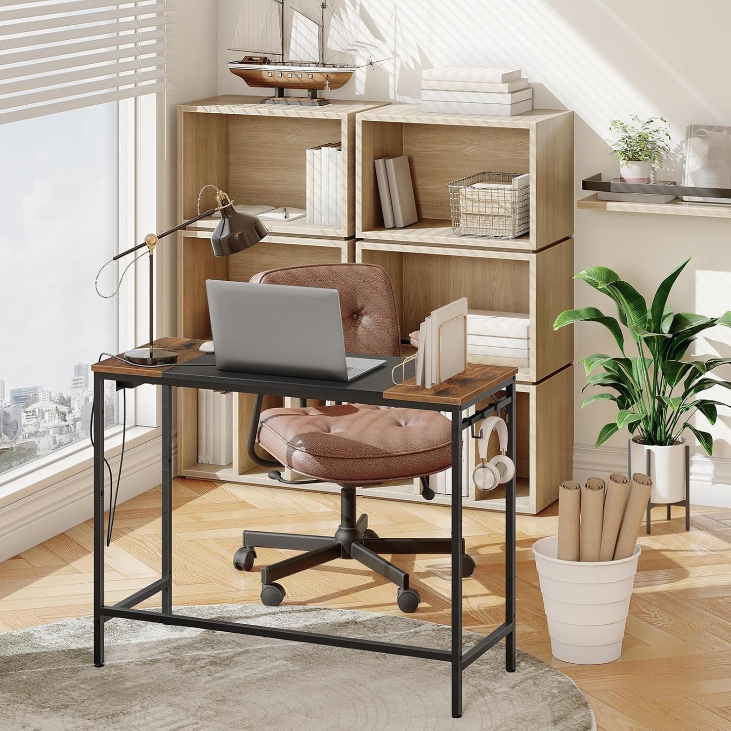 Computer Desk, Home Office Desk with Power Outlet, Modern Study Writing Desk with 3 Hooks for Study Room, Home Office, Sturdy and Stable, Easy to Assemble, Rustic Brown and Black BF41UDN01-3