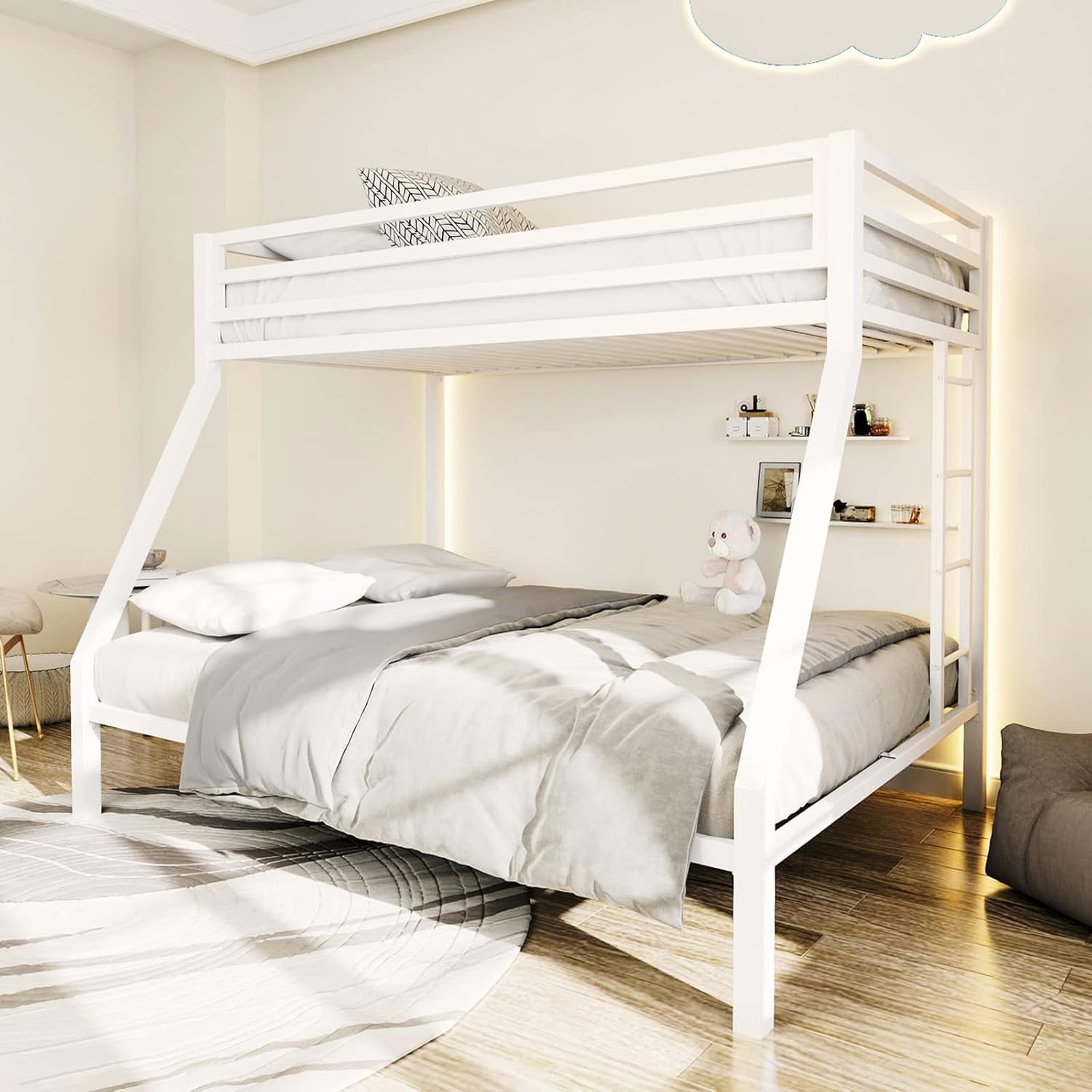 Metal Loft Bunk Bed Twin over Full Size with Safety Guardrail and Ladder, No Box Spring Needed Space Saving Bedroom Furniture, Cream White-0