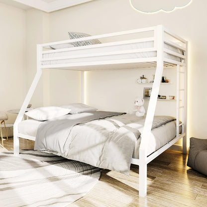 Metal Loft Bunk Bed Twin over Full Size with Safety Guardrail and Ladder, No Box Spring Needed Space Saving Bedroom Furniture, Cream White-0
