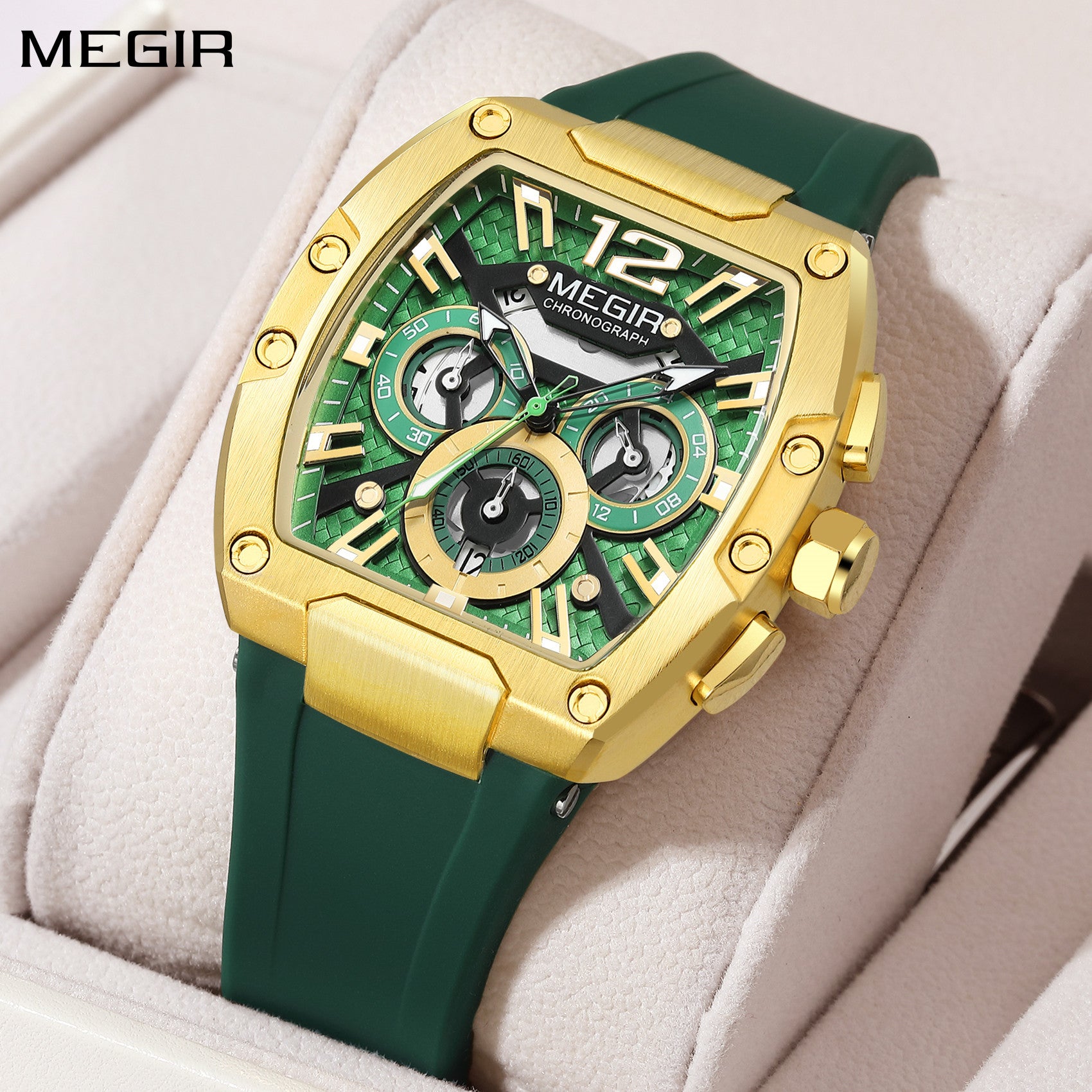 MEGIR Chronograph Luxury Sport Quartz Watch Men Waterproof Luminous Silicone Casual Big Dial Wristwatch Auto Date Reloj Hombre-0