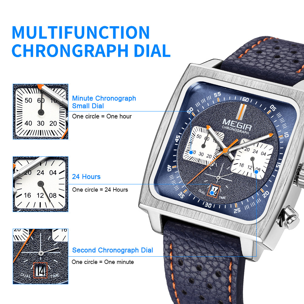 MEGIR 2022 Analogue Watch Men Top Brand Fashion Luxury Rectangle Quartz Military Watches Waterproof Luminous Leather Strap-6