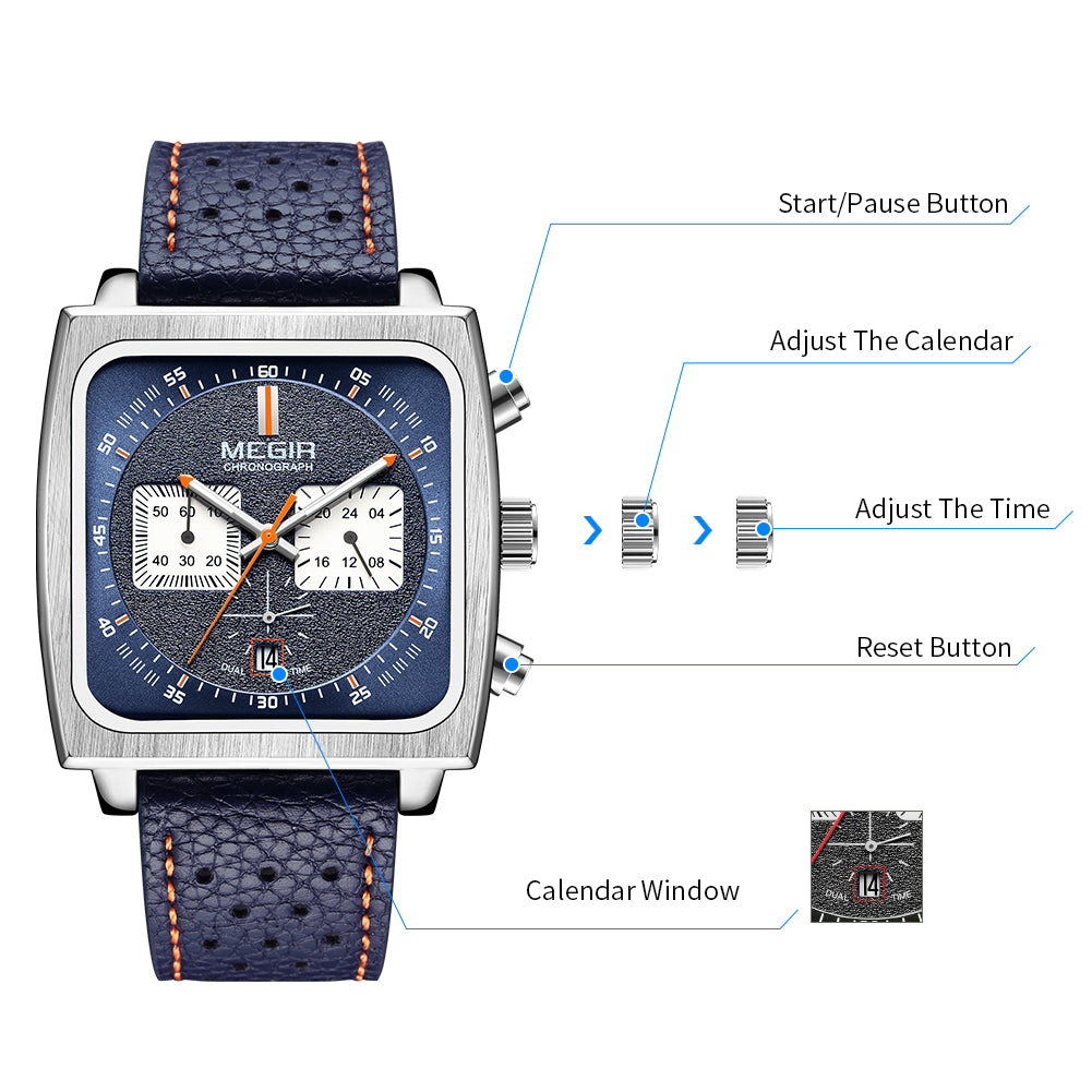 MEGIR 2022 Analogue Watch Men Top Brand Fashion Luxury Rectangle Quartz Military Watches Waterproof Luminous Leather Strap-7