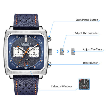 MEGIR 2022 Analogue Watch Men Top Brand Fashion Luxury Rectangle Quartz Military Watches Waterproof Luminous Leather Strap-7