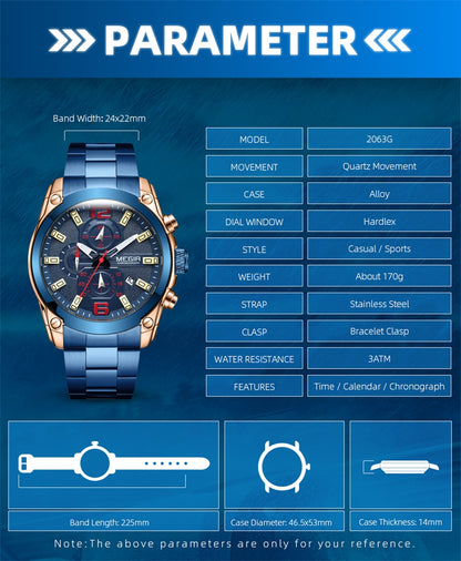MEGIR Original Luxury Men Chronograph Stainless Steel Wristwatch Waterproof Luminous Quartz Watch Clock Calendar Reloj Hombre-10