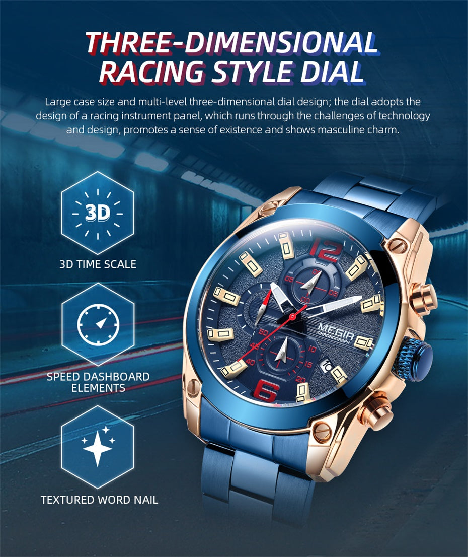 MEGIR Original Luxury Men Chronograph Stainless Steel Wristwatch Waterproof Luminous Quartz Watch Clock Calendar Reloj Hombre-12