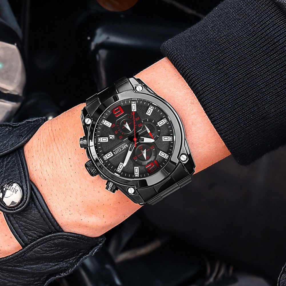MEGIR Original Luxury Men Chronograph Stainless Steel Wristwatch Waterproof Luminous Quartz Watch Clock Calendar Reloj Hombre-3