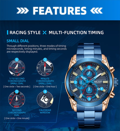 MEGIR Original Luxury Men Chronograph Stainless Steel Wristwatch Waterproof Luminous Quartz Watch Clock Calendar Reloj Hombre-11