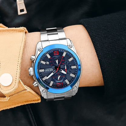 MEGIR Original Luxury Men Chronograph Stainless Steel Wristwatch Waterproof Luminous Quartz Watch Clock Calendar Reloj Hombre-2