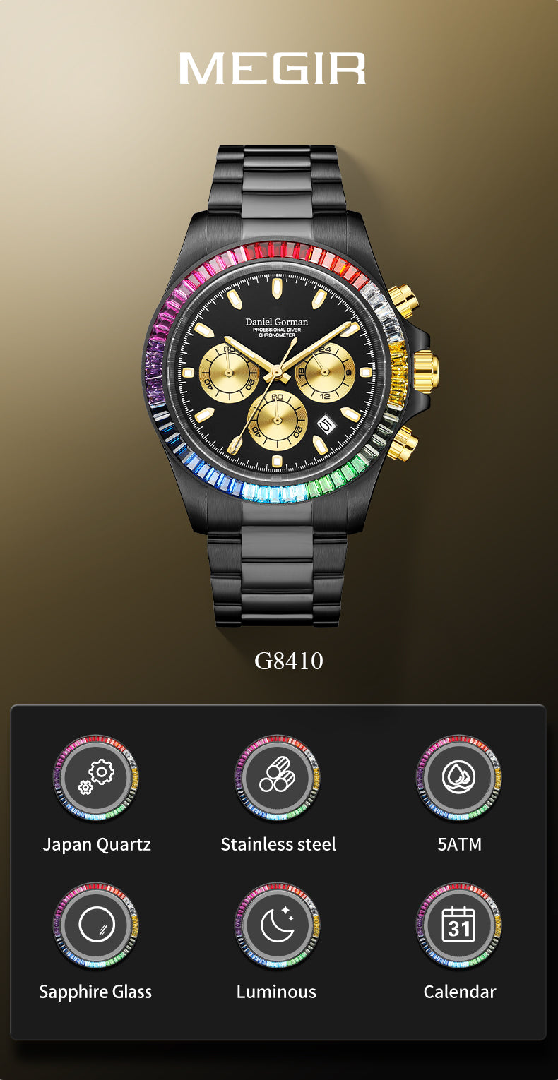 MEGIR Mens Watches Top Brand Luxury Business Wristwatches Stainless Steel Waterproof Date Quartz Chronograph Reloj Hombre 8410-8