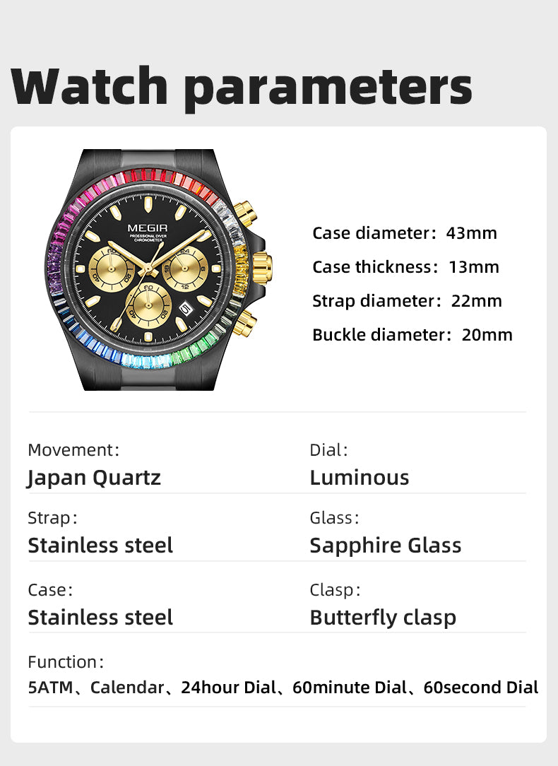 MEGIR Mens Watches Top Brand Luxury Business Wristwatches Stainless Steel Waterproof Date Quartz Chronograph Reloj Hombre 8410-9