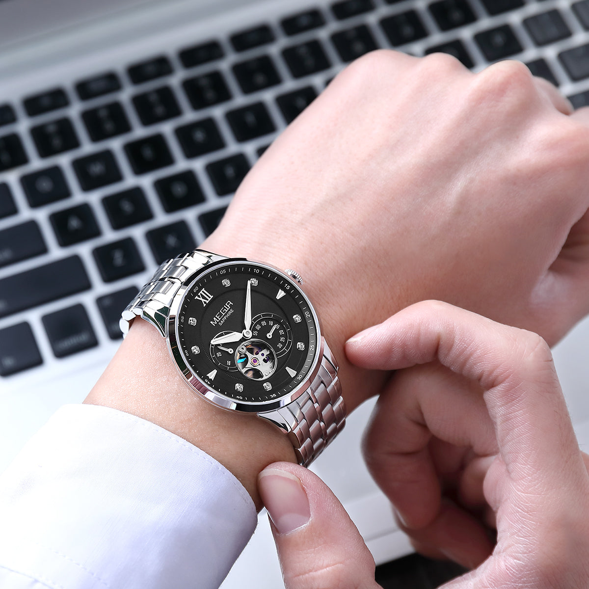 MEGIR Luxury Men Watches Stainless Steel Automatic Mechanical Watch Sapphire Steel Case Business WristWatch Montre Homme-5