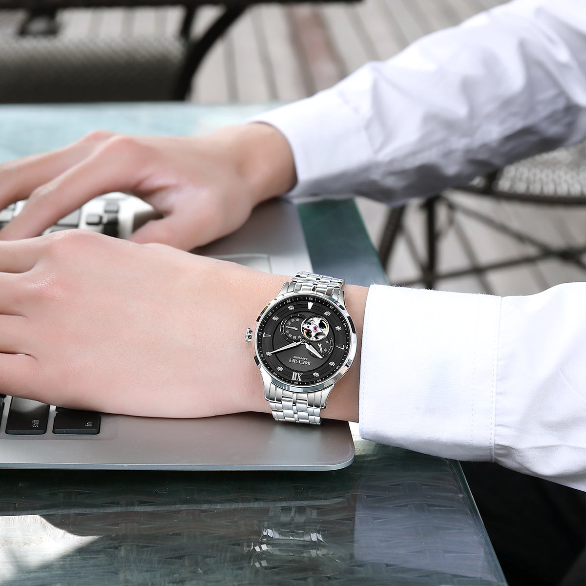 MEGIR Luxury Men Watches Stainless Steel Automatic Mechanical Watch Sapphire Steel Case Business WristWatch Montre Homme-4