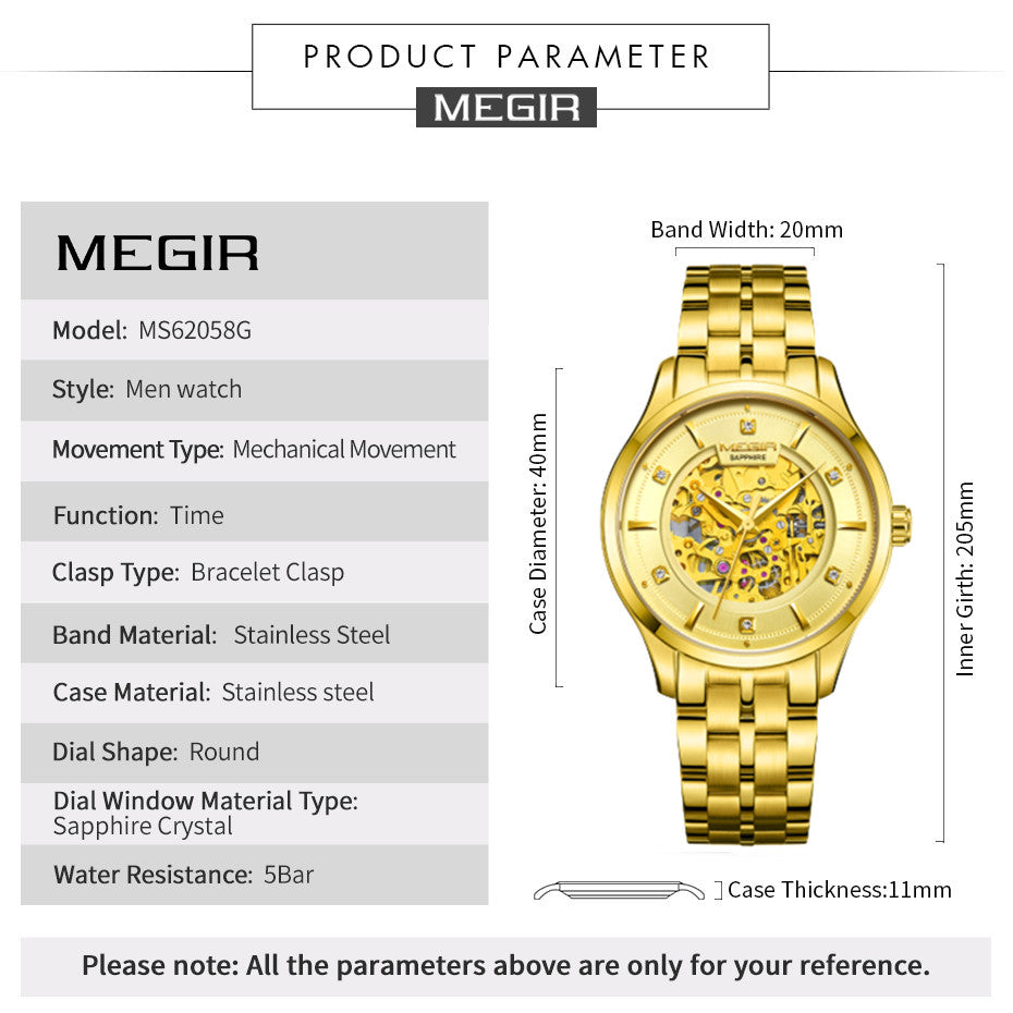 MEGIR Luxury Men Watches Waterproof Automatic Mechanical Watch Stainless Steel Sapphire Gold Business WristWatch Reloj Hombre-6
