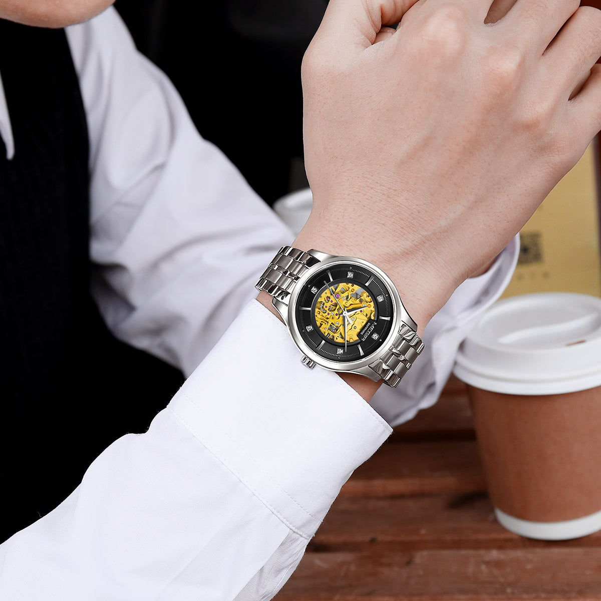 MEGIR Luxury Men Watches Waterproof Automatic Mechanical Watch Stainless Steel Sapphire Gold Business WristWatch Reloj Hombre-3