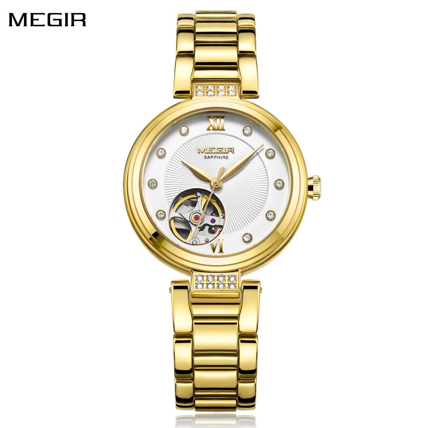 MEGIR Luxury Stainless Steel Gold Women Bracelet Watch Large Dial Automatic Mechanical Wrist Watches Ladies Business Watch Clock-0