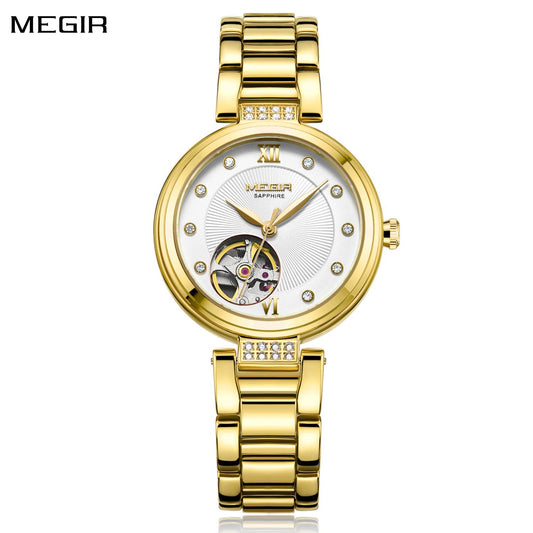MEGIR Luxury Stainless Steel Gold Women Bracelet Watch Large Dial Automatic Mechanical Wrist Watches Ladies Business Watch Clock-0