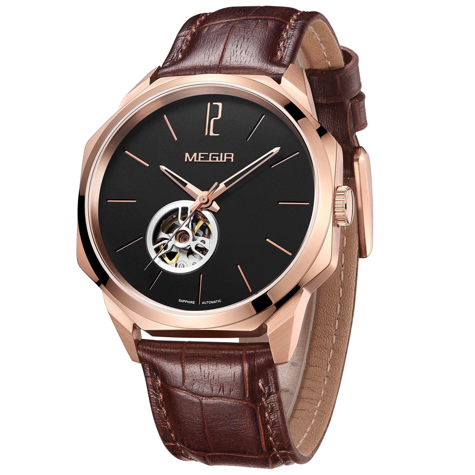 MEGIR Retro Men's Wristwatch Luxury Automatic Mechanical Watches Leather Strap Sapphire 5ATM Waterproof Watch Relogio Masculino-2