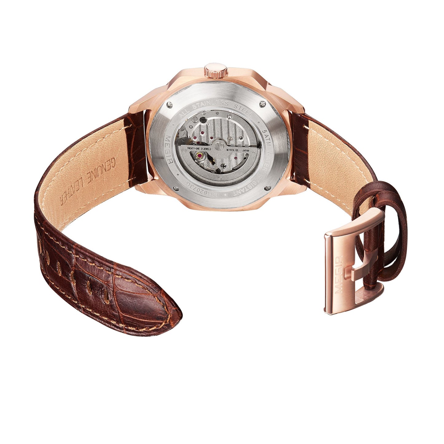 MEGIR Retro Men's Wristwatch Luxury Automatic Mechanical Watches Leather Strap Sapphire 5ATM Waterproof Watch Relogio Masculino-8