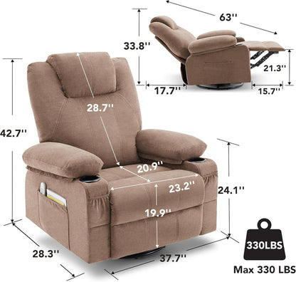 Oversized Swivel Rocker Recliner Chair with Heat and Massage, 360 Degree Swivel Rocking Single Sofa with Cup Holders and USB Port, Big Large Recliner Chair for Living Room (Fabric, Brown)-1