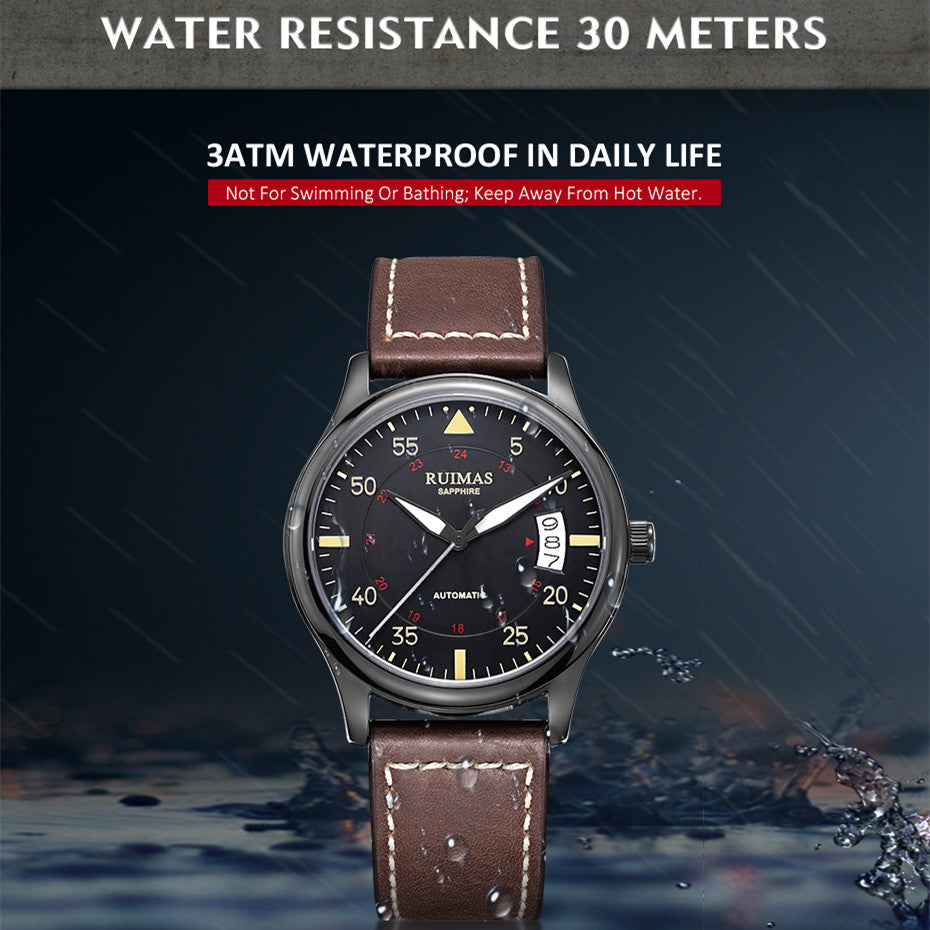 RUIMAS Men Watches Fashion Automatic Mechanical Watch Date Waterproof Business Clock Leather Strap Wristwatch 6725-7