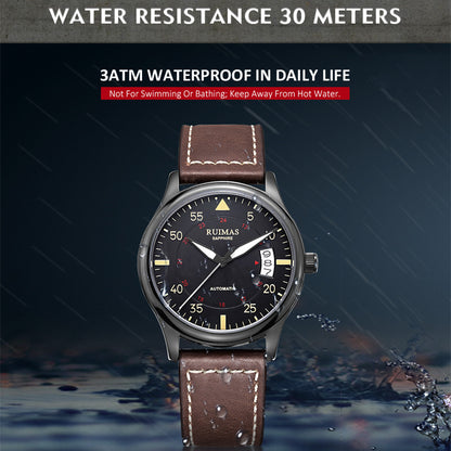 RUIMAS Men Watches Fashion Automatic Mechanical Watch Date Waterproof Business Clock Leather Strap Wristwatch 6725-7
