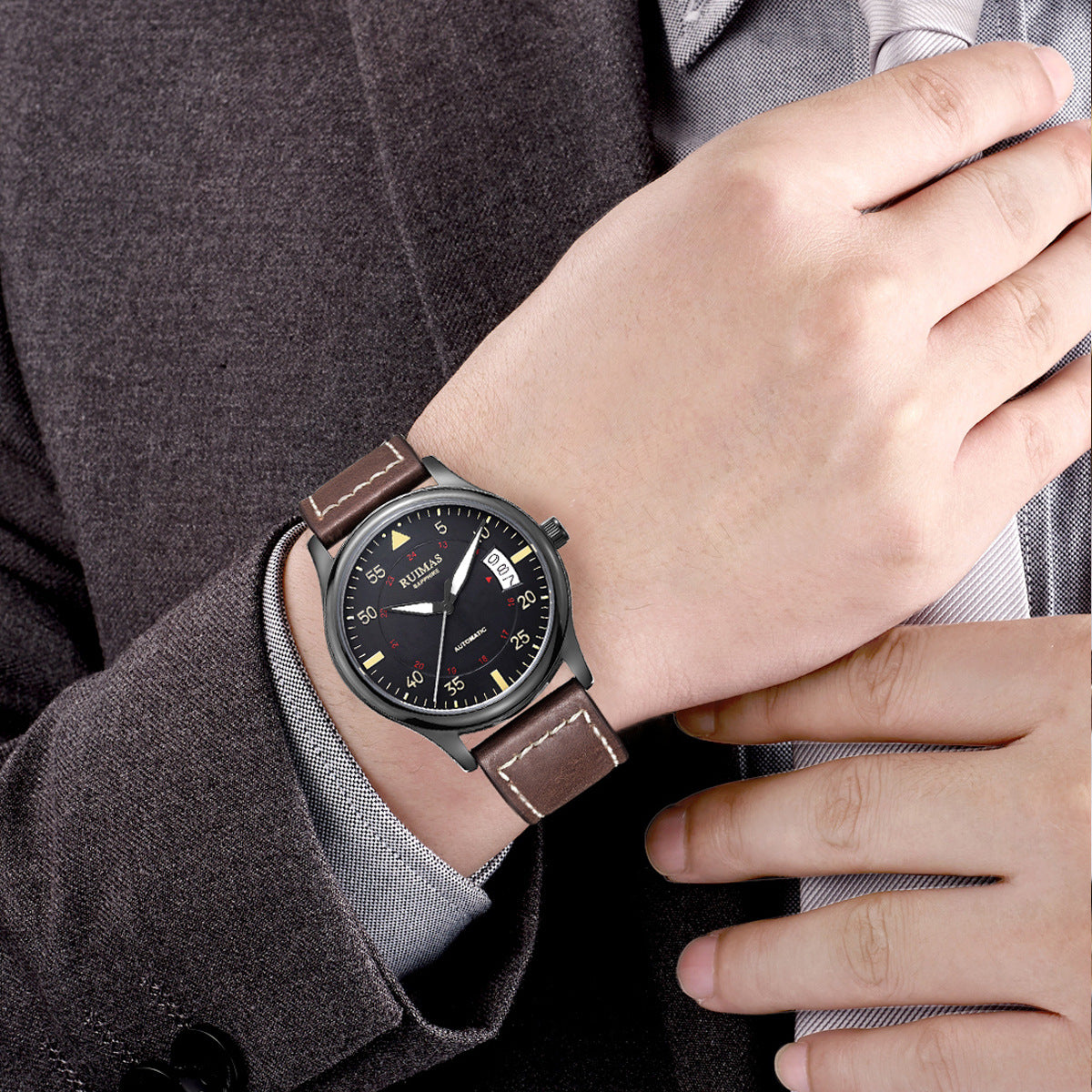 RUIMAS Men Watches Fashion Automatic Mechanical Watch Date Waterproof Business Clock Leather Strap Wristwatch 6725-2