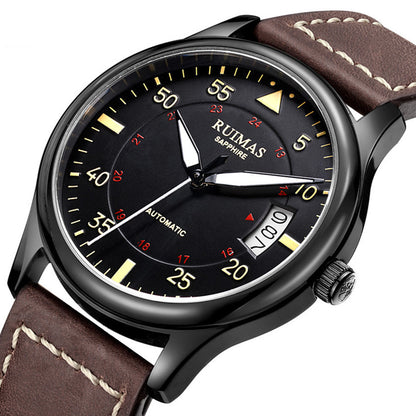 RUIMAS Men Watches Fashion Automatic Mechanical Watch Date Waterproof Business Clock Leather Strap Wristwatch 6725-1