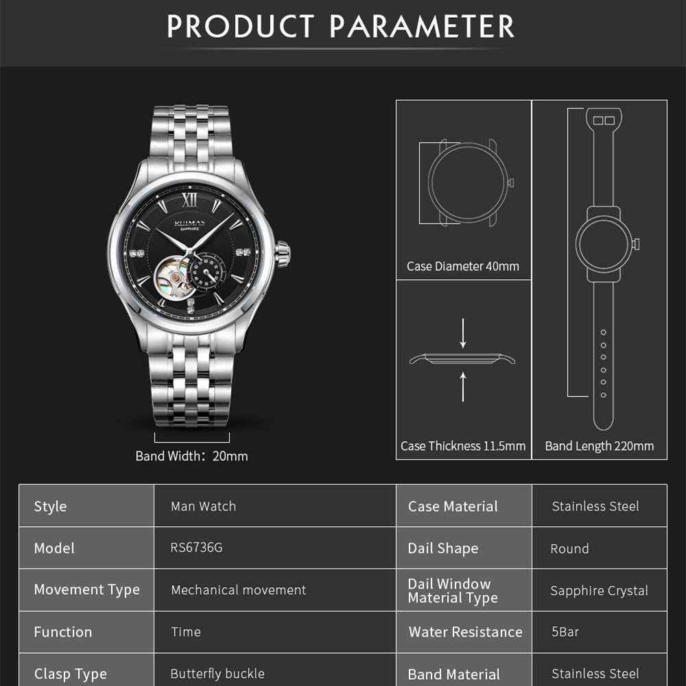 RUIMAS Luxury Men Mechanical Watches Sapphire Glass Stainless Steel Bracelet Business Casual WristWatch Clock Montre Homme-5