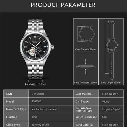 RUIMAS Luxury Men Mechanical Watches Sapphire Glass Stainless Steel Bracelet Business Casual WristWatch Clock Montre Homme-5