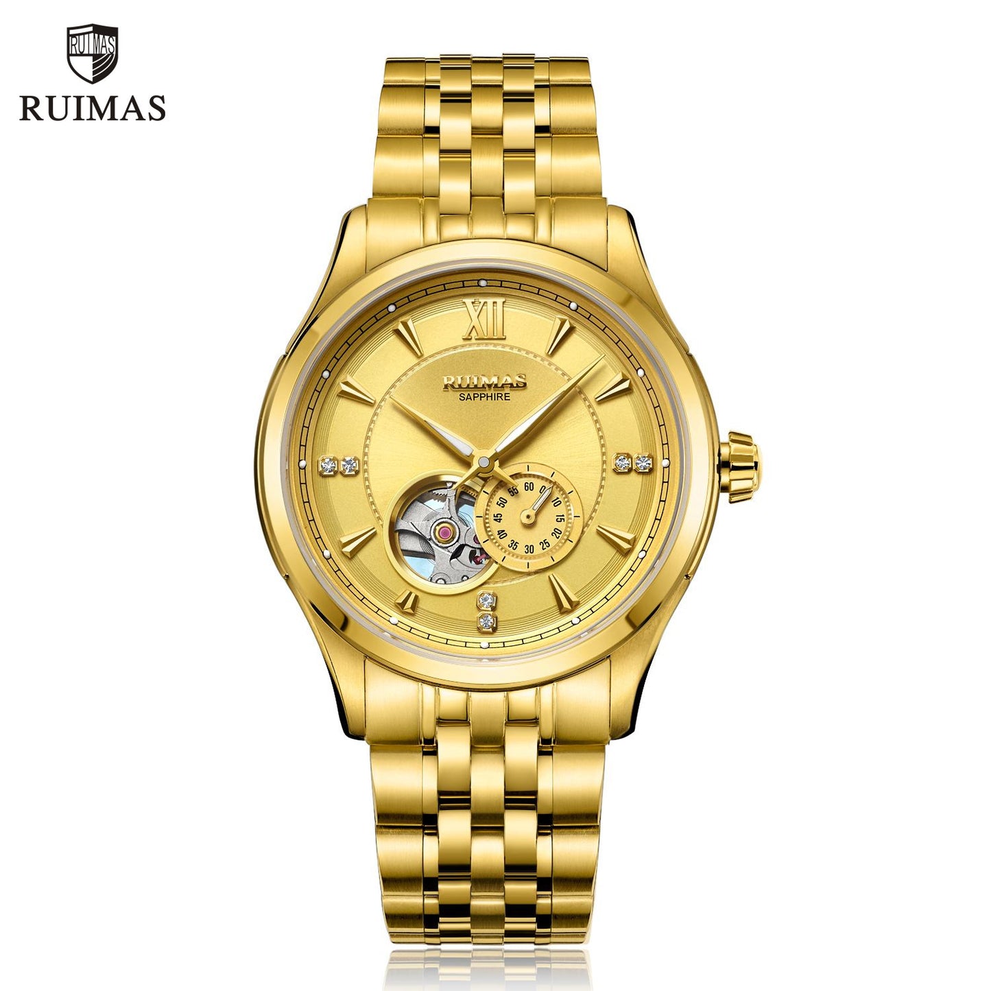 RUIMAS Luxury Men Mechanical Watches Sapphire Glass Stainless Steel Bracelet Business Casual WristWatch Clock Montre Homme-0