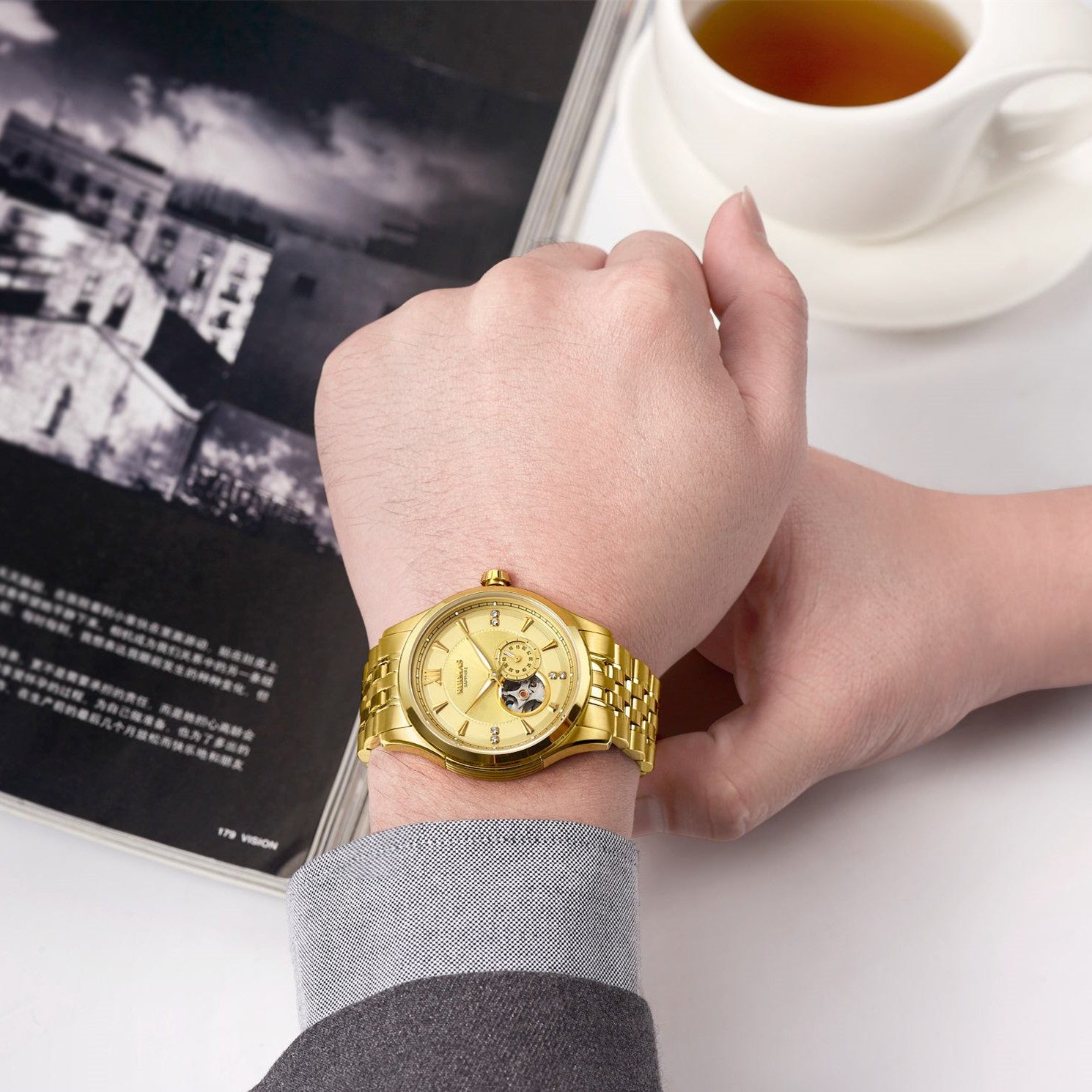 RUIMAS Luxury Men Mechanical Watches Sapphire Glass Stainless Steel Bracelet Business Casual WristWatch Clock Montre Homme-2