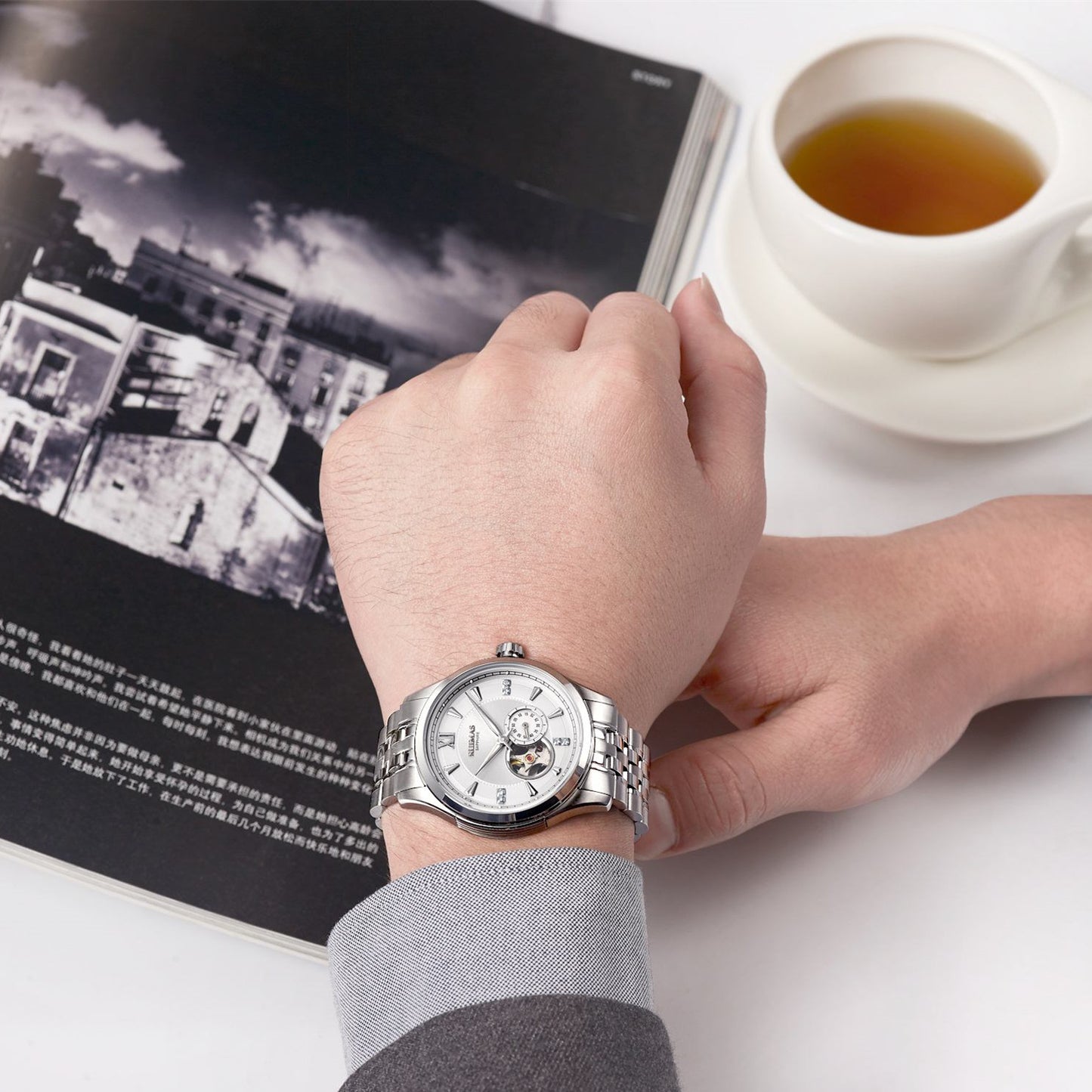 RUIMAS Luxury Men Mechanical Watches Sapphire Glass Stainless Steel Bracelet Business Casual WristWatch Clock Montre Homme-3