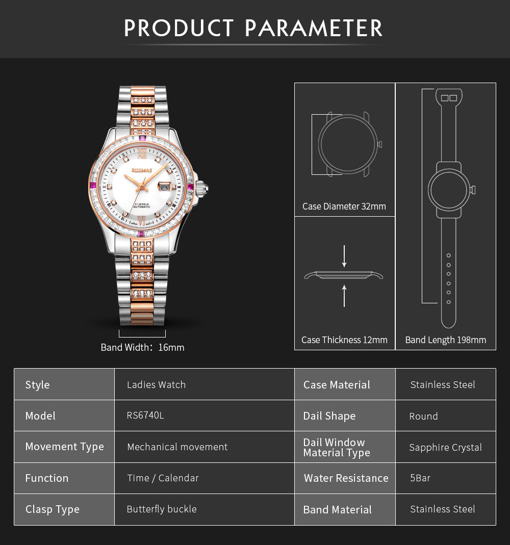 RUIMAS Sapphire Mechanical Women Watch Brand Luxury Steel Bracelet Ladies Fashion Watch Automatic Female Clock Reloj Mujer 6740-4