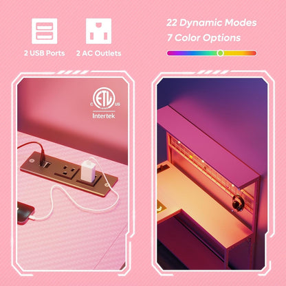 Gaming Desk 51" L-Shaped, with Power Outlets & LED Lights- 4 Tier Shelves, Reversible Gamer Table with Hooks & Cup Holder for Home Office Carbon Fiber Pink-4