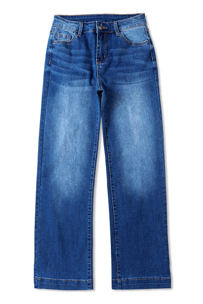 SHEWIN Dark Blue Casual Pocket High Rise Wide Leg Jeans